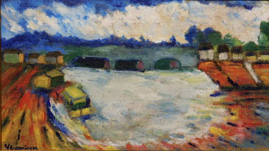 Maurice de Vlaminck: River Scene: Maurice de Vlaminck (French, 1876-1958) Attributed: River Scene, oil on canvas backed with board, signed lower left, framed. Dimensions: 10.5 x 15 inches framed. Provenance: