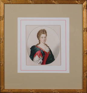 Lady of the Court Portrait: Lady of the Court Portrait: 19th century Hand colored etching on paper, framed. Dimensions: 13 x 12 inches framed. Provenance: