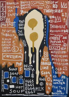 Manner of JJean-Michel Basquiat: Dripping Egg: Manner of Jean-Michel Basquiat (American, 1960-1988): Dripping Egg. Acrylic on board, signed bottom right with crown, unframed. Basquiat first achieved fame as part of SAMO, an informal