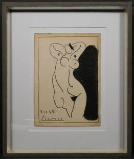 Pablo Picasso: Sketch of Nude Woman: Pablo Picasso (Spanish, 1881-1973) attributed: Sketch of Nude Woman. Crayon on paper, signed and dated 7.11.48., framed. Â Picasso was the most dominant and influential artist of the first half of