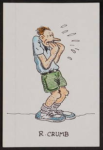 Robert Crumb (Attributed): Frightened Man: Robert Crumb (Attributed) (American, 1943- ):Frightened Man. Mixed media on index card, below, unframed. Robert Crumb is a prolific American cartoonist whose work satirizes American culture . Much