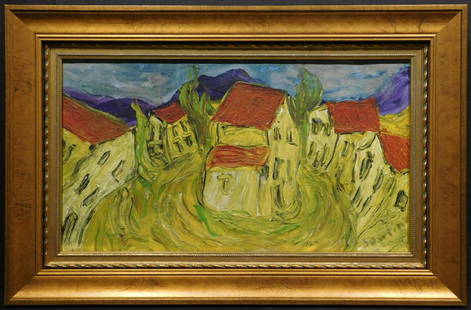 Chaim Soutine: Village: Chaim Soutine (Russian-French, 1893-1943) Manner of: Village, oil on linen, signed lower right, decorative stamp verso. Framed. Chaim Soutine was a French-Russian painter who created expressive