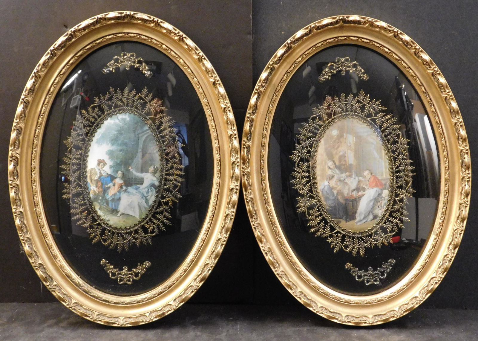 Pair of Rococo Genre Scene Prints on Satin (1 of 4)