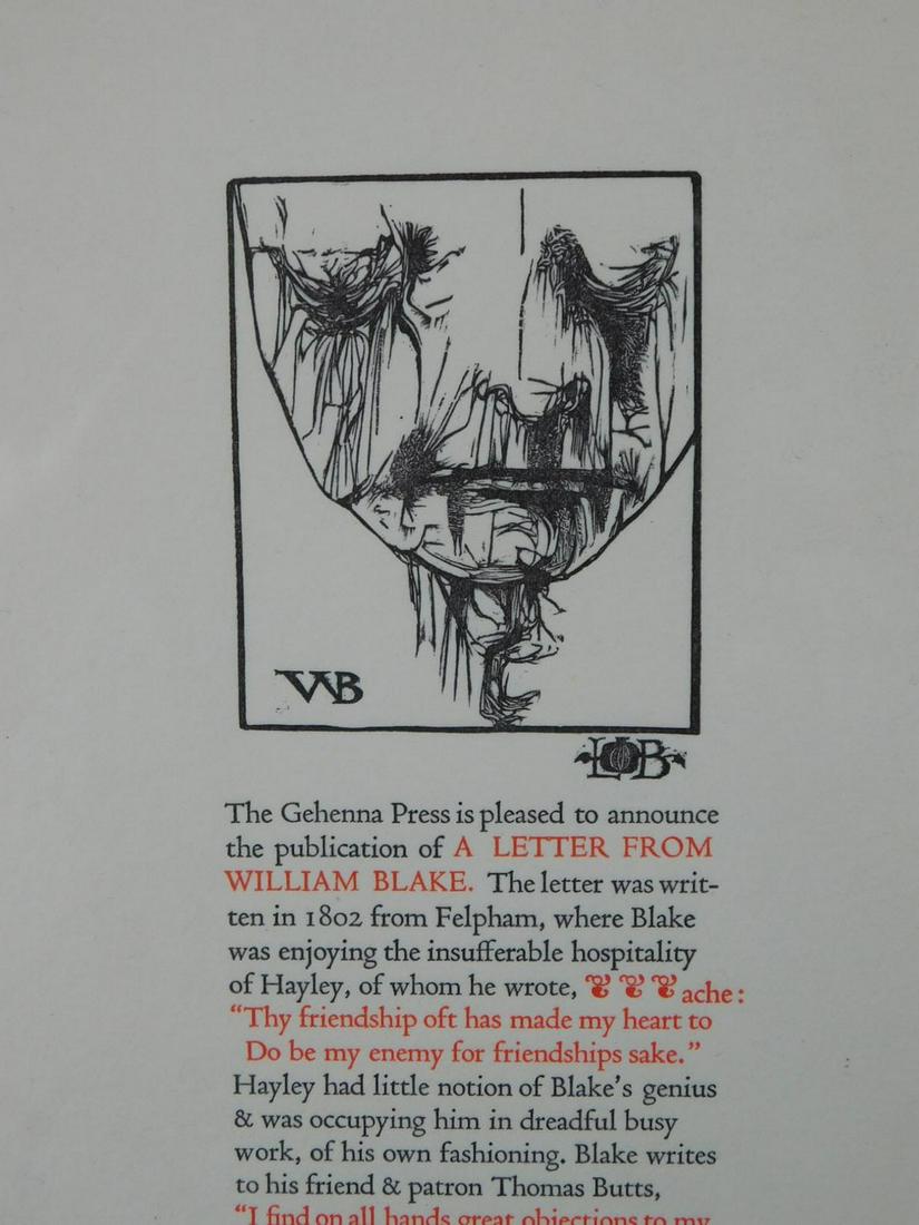 Leonard Baskin: A Letter from William Blake: Leonard Baskin (American, 1922-2000): Announcement for A Letter from William Blake, published by Baskin's Gehenna Press. Letterpress and wood-engraved portrait of William Blake on paper, signed in the