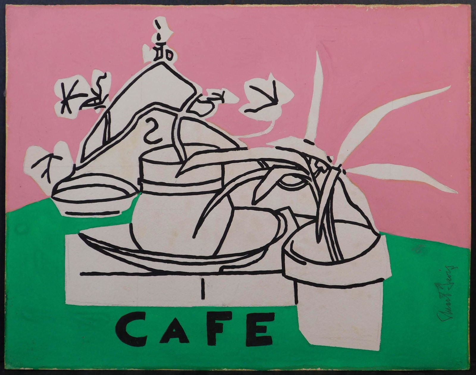 Stuart Davis, Attributed: Cafe Plant Still Life: Stuart Davis (American, 1892-1964) Manner of: Cafe Plant Still Life. Gouache on paperboard, signed lower right, undated, unframed. One of America's first modern artists and a forefather of Pop art, St