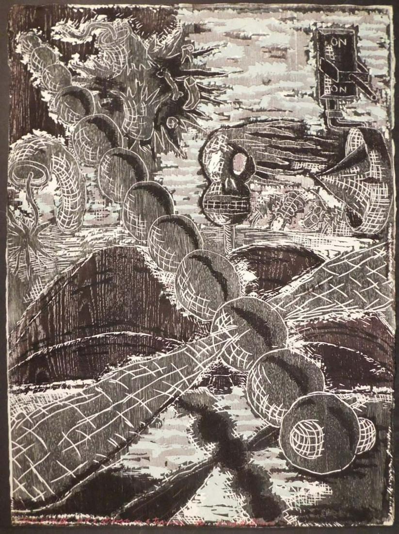 Doug Anderson: Met a Stranger on a Train Artist's Proof: Doug Anderson(American, 1954): Met a Stranger on a Train, 1986, Artist's Proof. Woodcut on paper, signed, titled, and dated. Unframed. Doug Anderson is active in New York. He is known for abstract exp