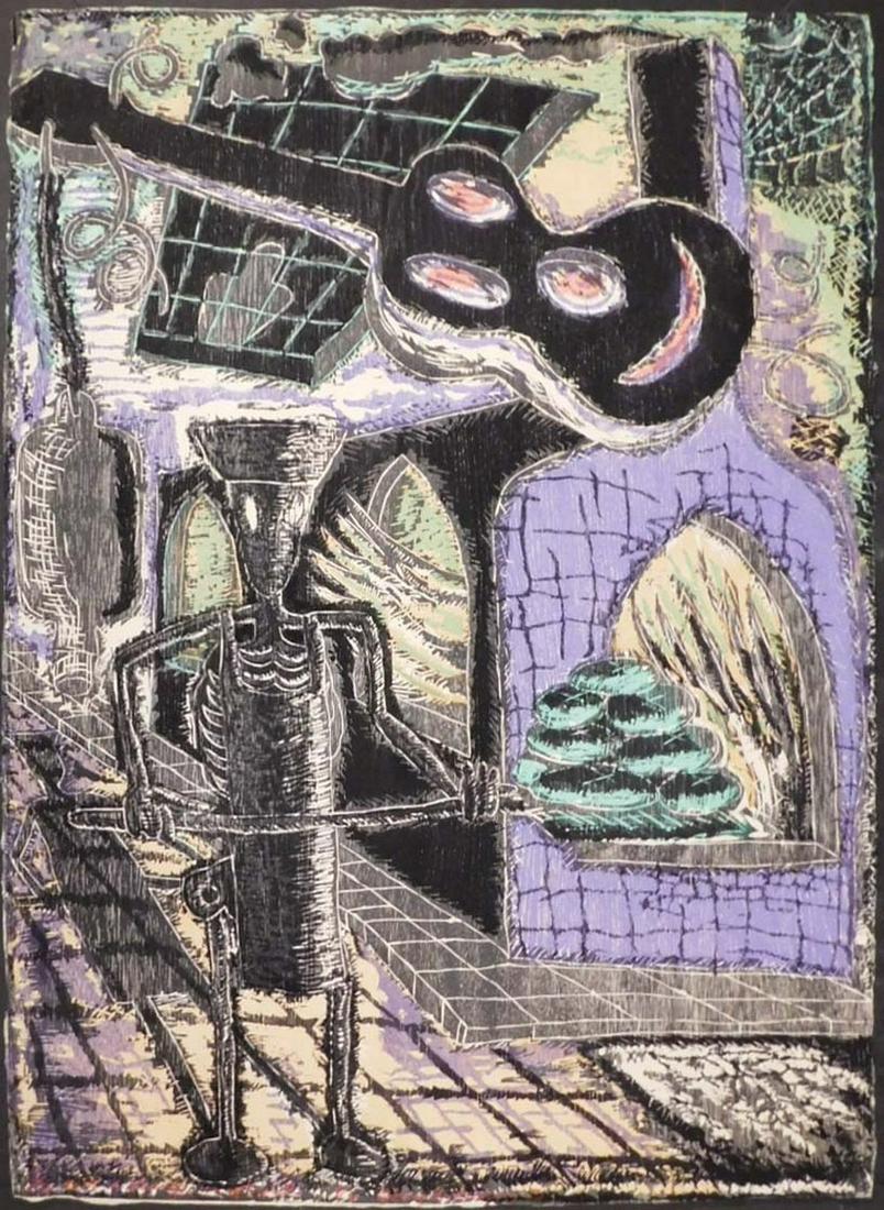 Doug Anderson: Met a Stranger on a Train: Doug Anderson(American, 1954): Met a Stranger on a Train, 1986, 17/30. Woodcut on paper, signed, titled, and dated. Unframed. Doug Anderson is active in New York. He is known for abstract expression, 
