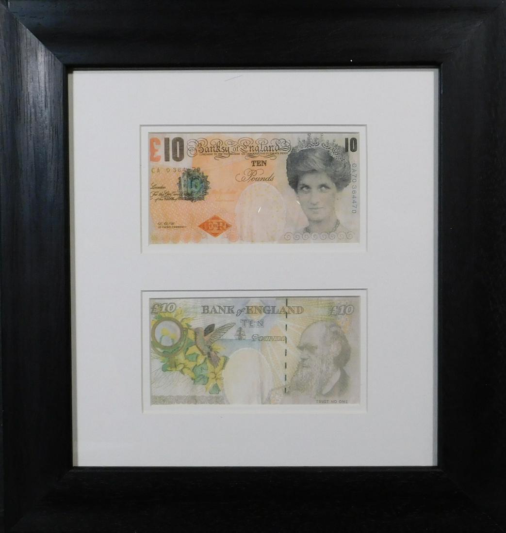 Banksy (Manner of/ Attributed): Two Difaced Tenners: Banksy (British, b. 1974) (After): Two Difaced Tenners, digital prints, framed with glass front and back, unsigned. In 2004, Banksy printed 1 million pounds worth of fake 10 pound notes that replaced 