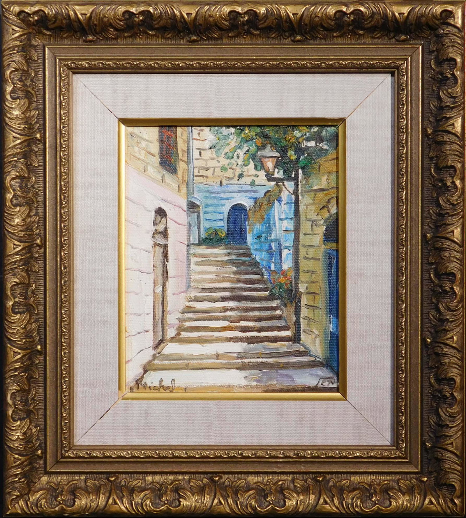 Mikel : Impressionist Stairway: Mikel (20th Century): Impressionist Stairway, oil on canvas, signed below, framed. 11.5 x 10 inches framed. Approx. 6 x 4 inched canvas. Private collection, New England. Excellent condition, no damage