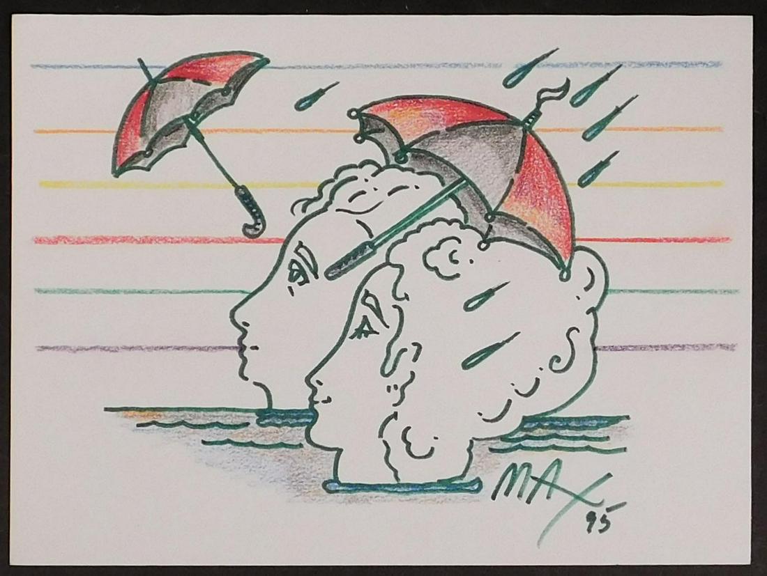 Peter Max, Attributed: Psychedelic Couple with: Peter Max (German-American, b. 1937) Attributed: Psychedelic Couple with Umbrellas. Mixed media on paper, signed and dated 1995, unframed. Peter Max is a German-American artist known for using bright 