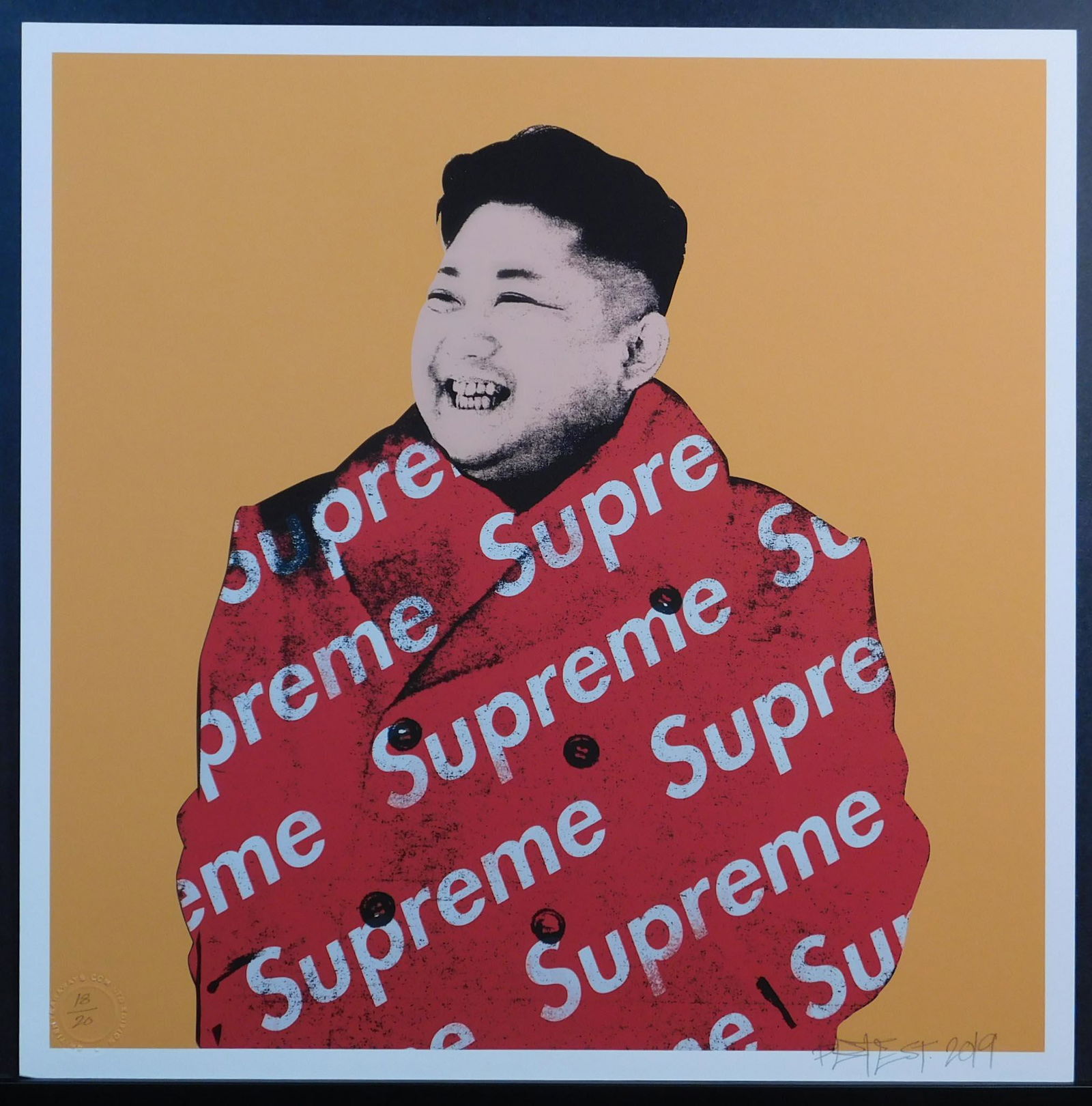 Pete Street: Supreme Leader (Orange): Pete Street (United Kingdom, 20th Century): Supreme Leader (Orange), 2019. Screen print on paper mounted to canvas , signed and numbered (18/20) in pencil below. From British Tearaways LTD Edition. Pe