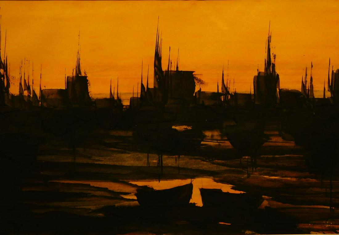 Karl Steiner: Boats at Sunset: Karl Steiner: Boats at Sunset, Watercolor on paper, signed and framed. Dimensions: 30x22 in. frame Good aged condition. NOTE: If documentation is not listed, the lot is sold without documents. Please 