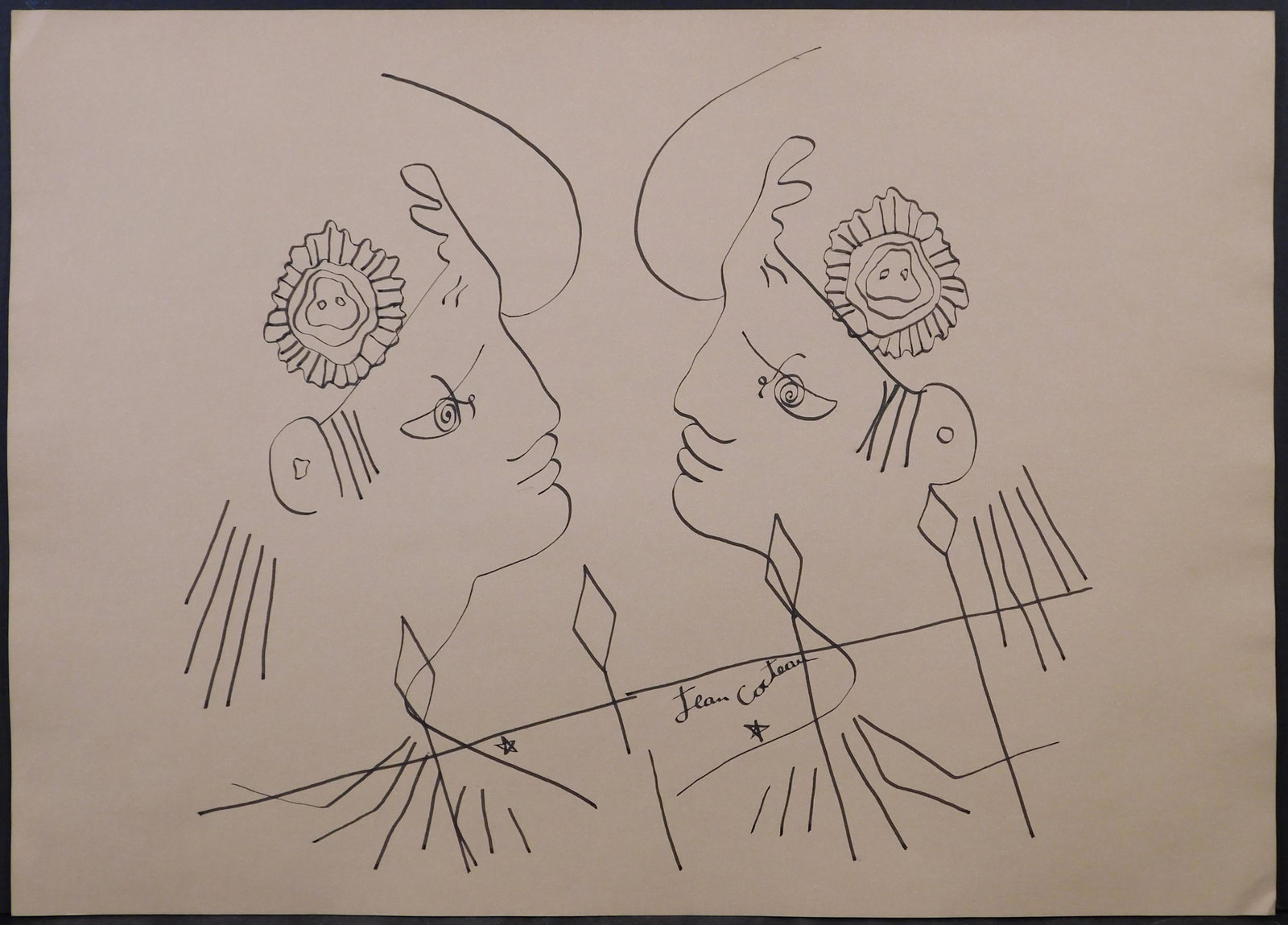Jean Cocteau, attributed/manner of: Two Men in: Jean Cocteau (French, 1889-1963) attributed/manner of: Two Men in Phrygain Caps. Ink on paper, signed, undated, unframed. Cocteau was one of the most multi-talented artists of the 20th century. In add