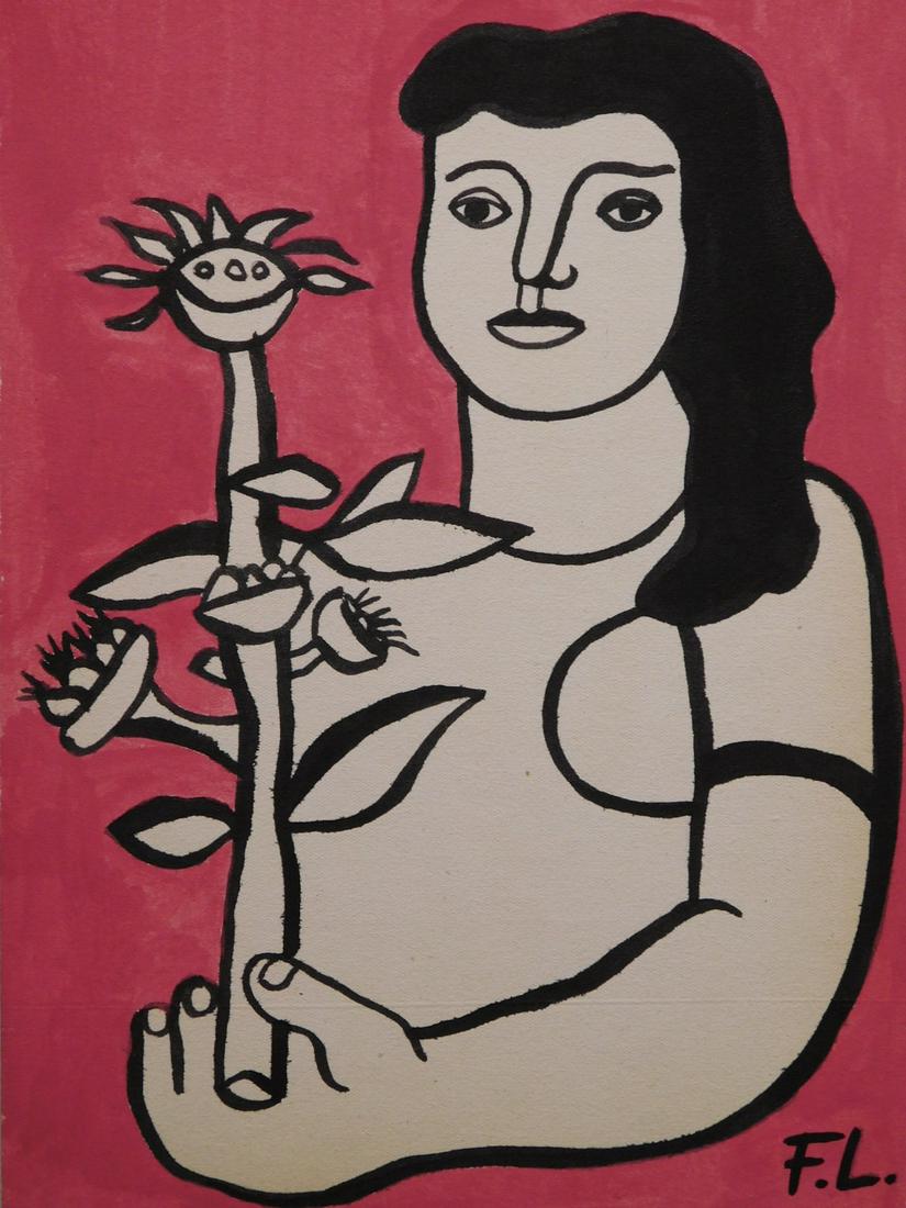 Fernand Leger Attr.: Untitled (Woman with Flowers): Fernand Leger (French, 1881-1955) Attributed: Untitled (Woman with Flowers), ink and tempera on paper laid to backing board, verso ID label from Condotti Street Gallery, Rome, signed FL 9.6 x 7" Priva