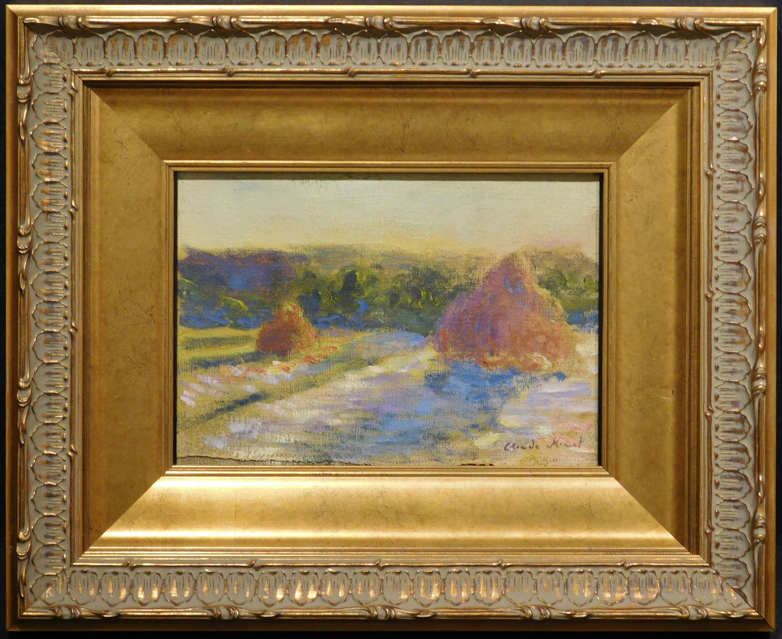 Claude Monet (1840-1926)(Attributed/ manner of): Study: Claude Monet (1840-1926)(Attributed to/in the manner of): Study of Grain Stacks, tempera on canvas, verso marked CM42 and Arthur Boudin stamp. Signed, undated, framed under museum glass. Monet was a f