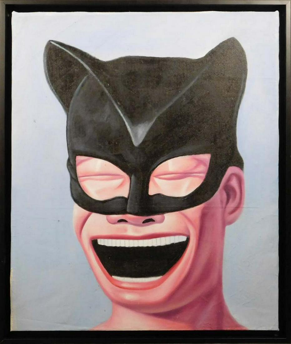 After Yue Minjun: Smiling Portrait in Bat Mask: After Yue Minjun (Chinese, 1962): Smiling Portrait in Bat Mask. Oil on canvas, unsigned, framed. 26 x 22 inches framed. Private collection. Fair condition, some creases in the canvas, minor paint loss