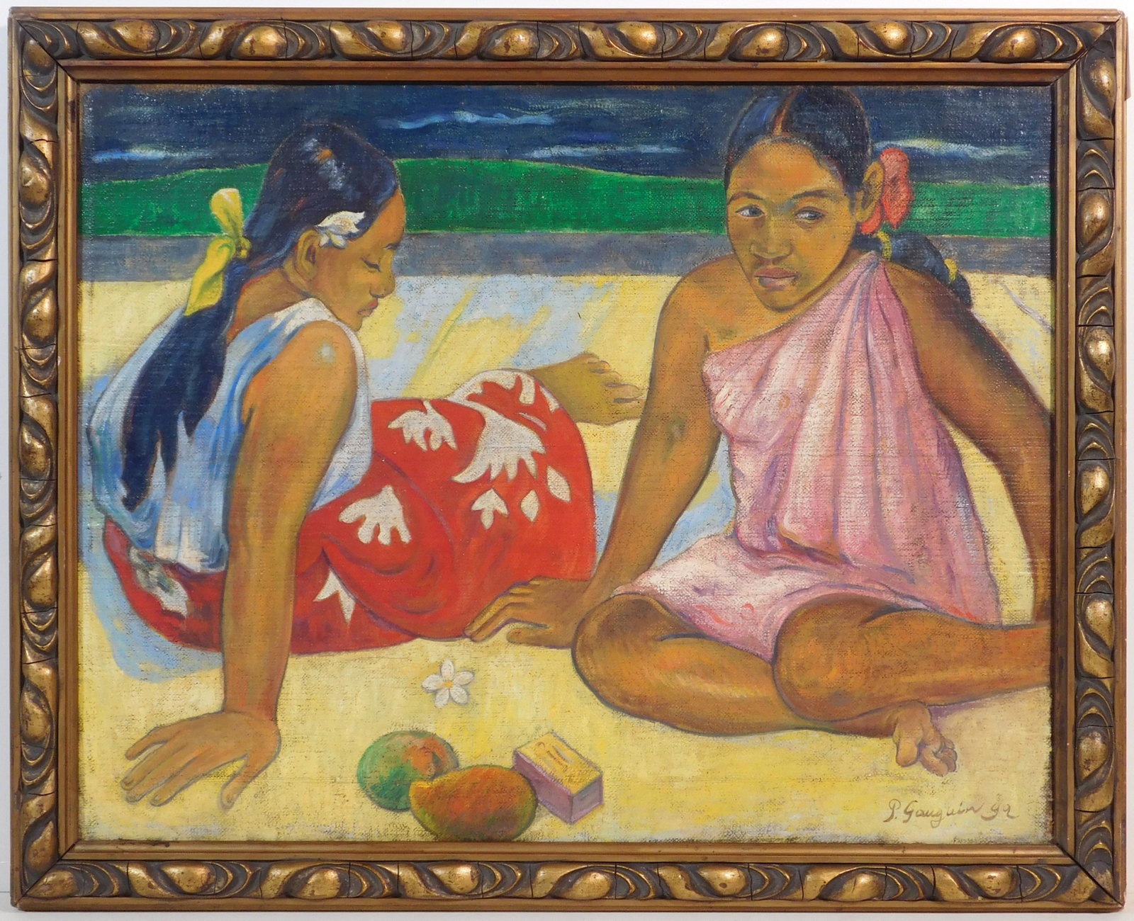 Paul Gauguin, Manner of: Tahitiennes: Paul Gauguin (French, 1848-1903) Manner of: Tahitiennes, 1892. Tempera on canvas, signed and dated lower right. Framed. Paul Gauguin was a post-impressionist painter best known for his depictions of T