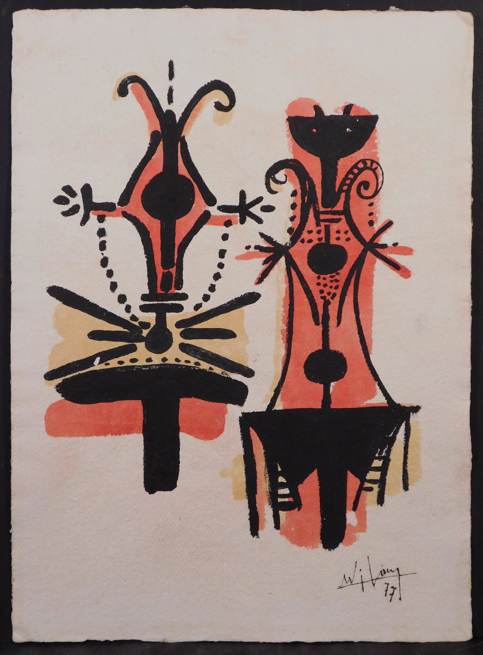 Wifredo Lam, attributed/manner of: Abstract Figures: Wifredo Lam (Cuban, 1902-1982) attributed/manner of: Abstract Figures. Ink and watercolor on cold pressed paper, signed and dated (1977) lower right, unframed. The internationally renowned Cuban paint
