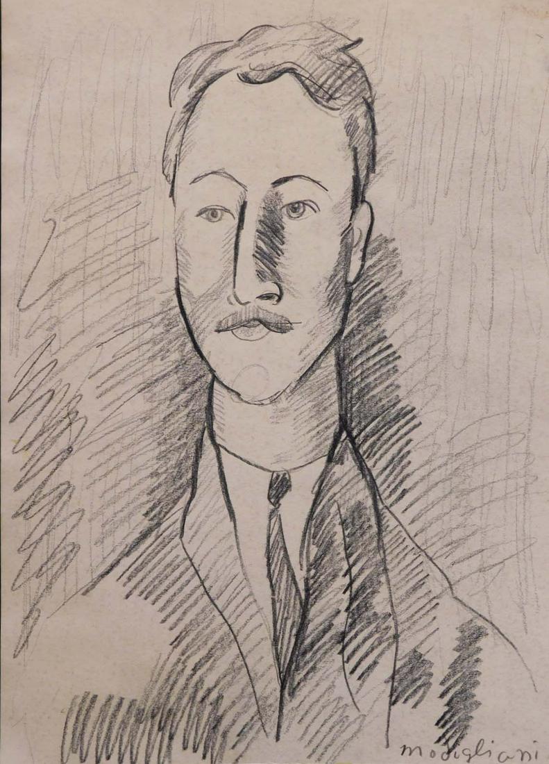 Manner of Amedeo Modigliani: Portrait of Leopold: Amedeo Modigliani (Italian, 1884-1920) Manner of: Portrait of Leopold Survage, charcoal on paper, signed lower right, stamp and reference number on back, unframed. 11.5 x 8 inches unframed. Private co