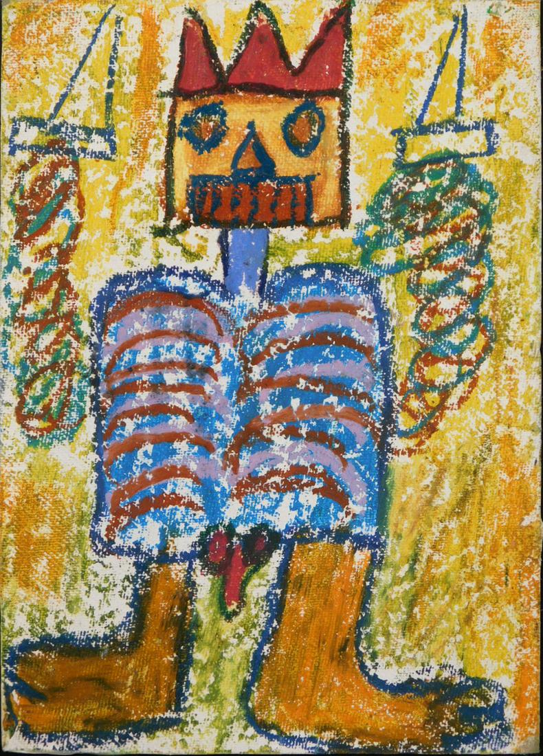 Manner of Jean-Michel Basquiat : Postcard of Crowned: Manner of Jean-Michel Basquiat (American, 1960-1988)Attributed: Untitled, Postcard of Crowned Man. Oil stick on heavy grade paper board. Marked verso with artist's initials, crown and dated 62. Basqui