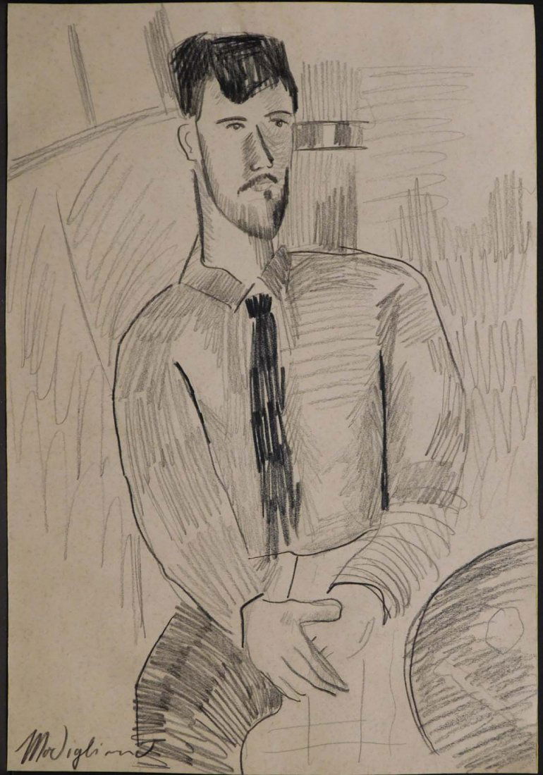 Amedeo Modigliani Manner of: Portrait of Leopold: Amedeo Modigliani (Italian, 1884-1920) Manner of: Portrait of Leopold Zborowski, charcoal on paper, signed lower left, stamp and reference number on back, unframed. 11.5 x 8 inches unframed. Provenanc