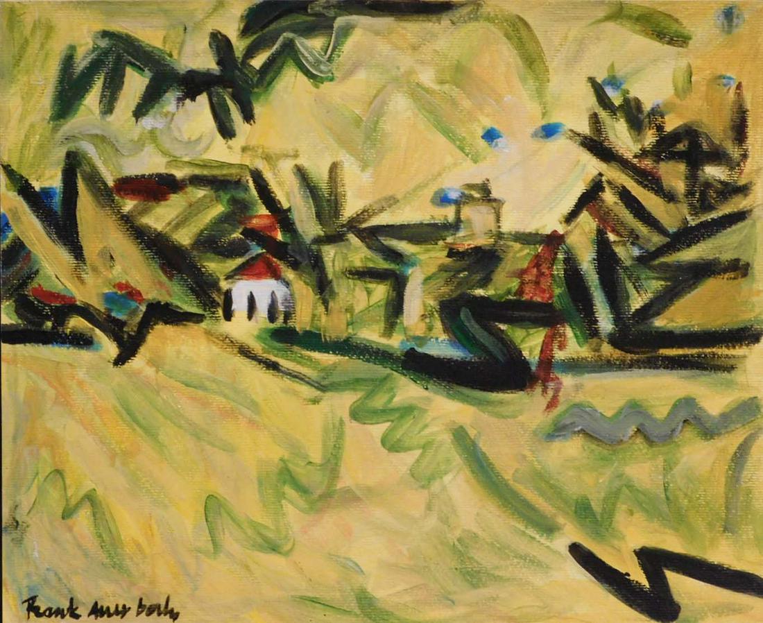 Frank Helmut Auerbach, Attr.: Untitled Landscape: Frank Helmut Auerbach (b. 1931) Attributed/Manner of: Untitled Landscape. Acrylic on paper, signed lower left, verso marked with initials, numbers, and a decorative stamp. Unframed. Frank Helmut Auerb