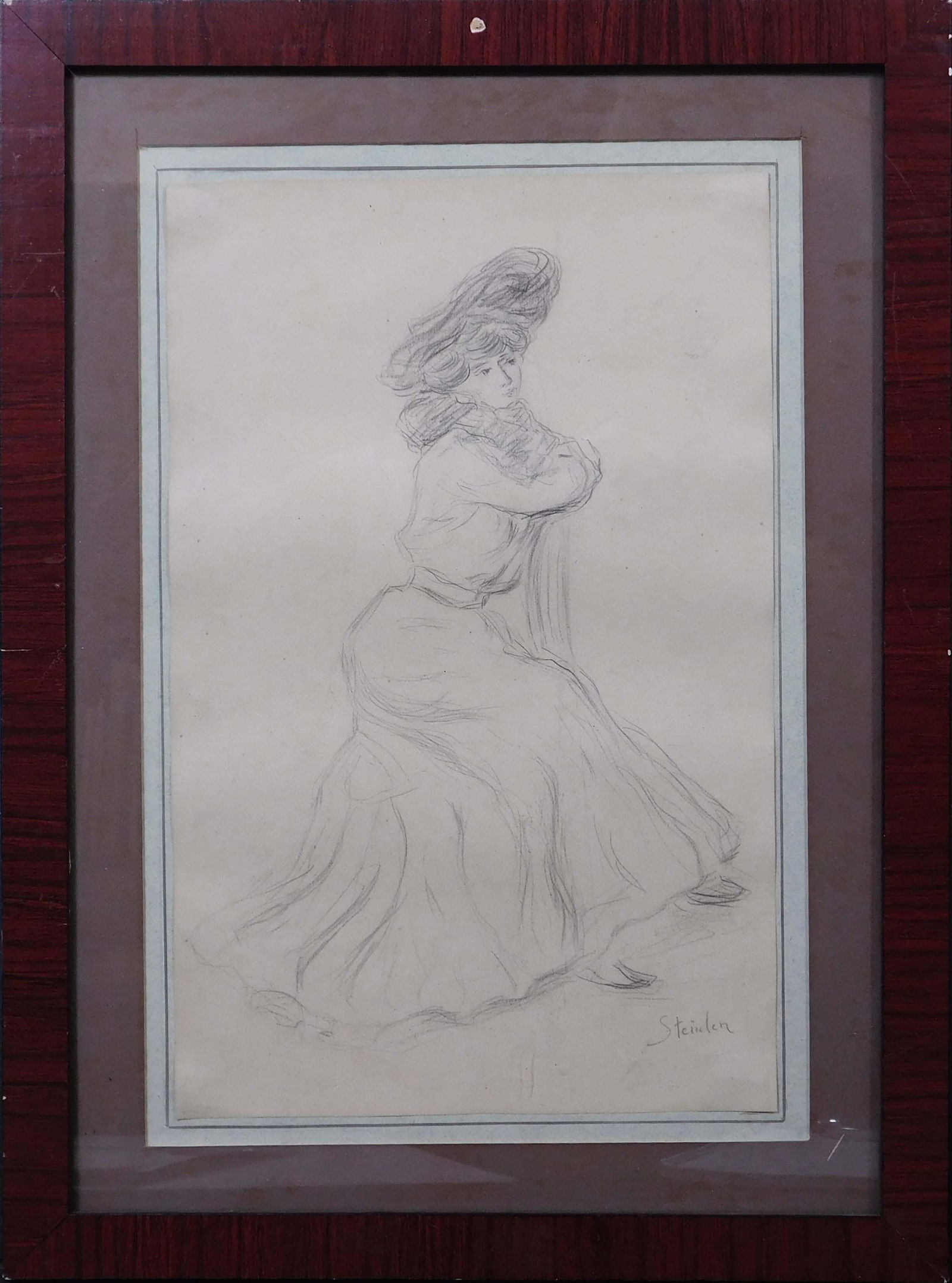 Theophile Alexandre Steinlen, Attributed: A Lady: Theophile Alexandre Steinlen (Swiss/French, 1859 - 1923) Attributed: A Lady Waiting, pencil on paper mounted to board, signed lower right, framed. Theophile Alexandre Steinlen was an Art Nouveau print