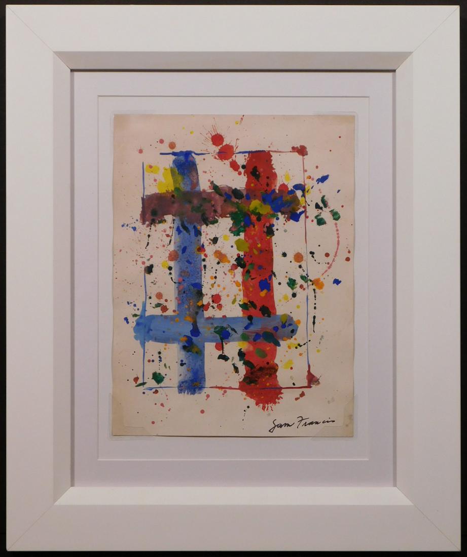 Sam Francis, Attributed: Abstract Composition: Sam Francis (American, 1923-1994) Attributed: Abstract Composition, acrylic on paper, signed lower right. Framed. One of the twentieth centuryâ€™s most profound Abstract Expressionists, American