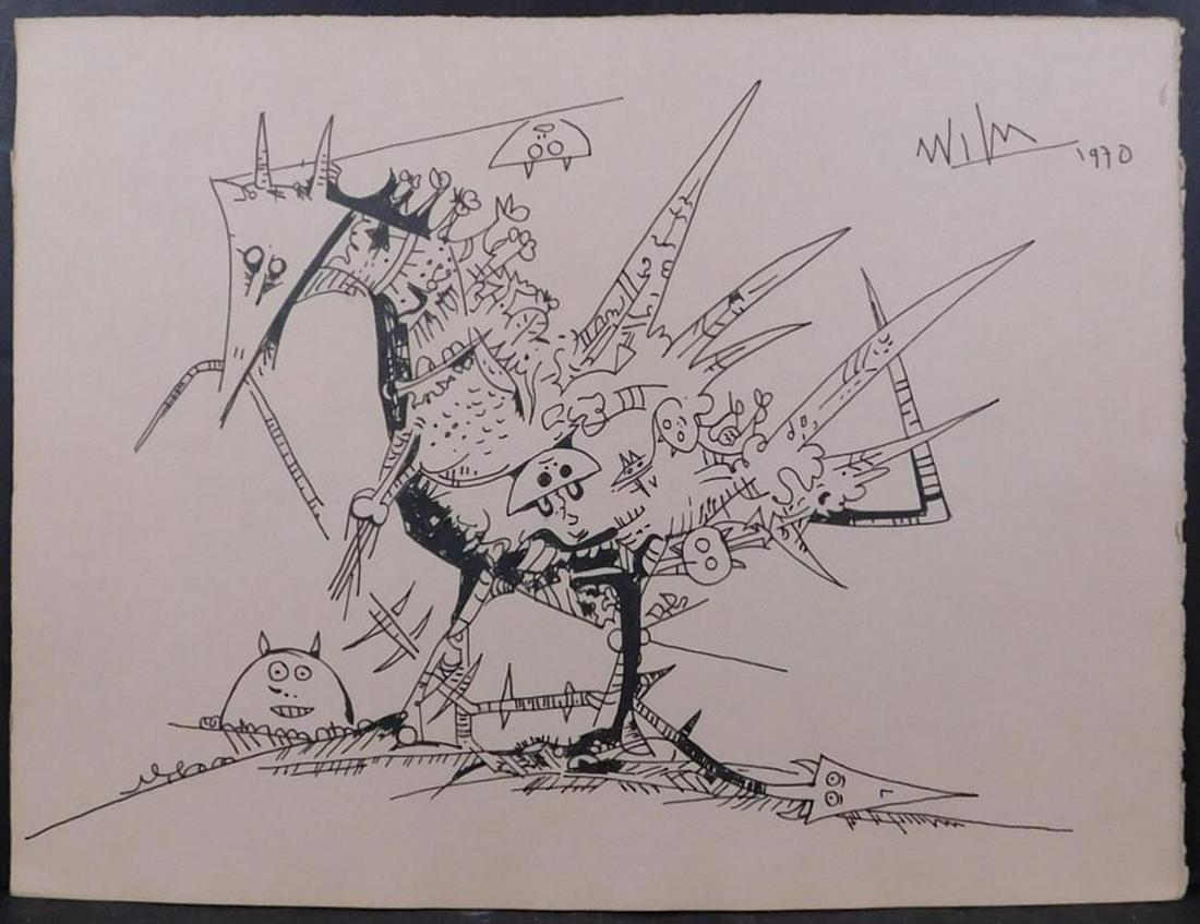 Wifredo Lam Attributed: Bird Carrying Small Figures: Wifredo Lam (Cuban, 1902-1982) attributed: Bird Carrying Small Figures, pen and ink on paper, signed WiLam and dated 1970 upper right, unframed. The internationally renowned Cuban painter, Wifredo Lam