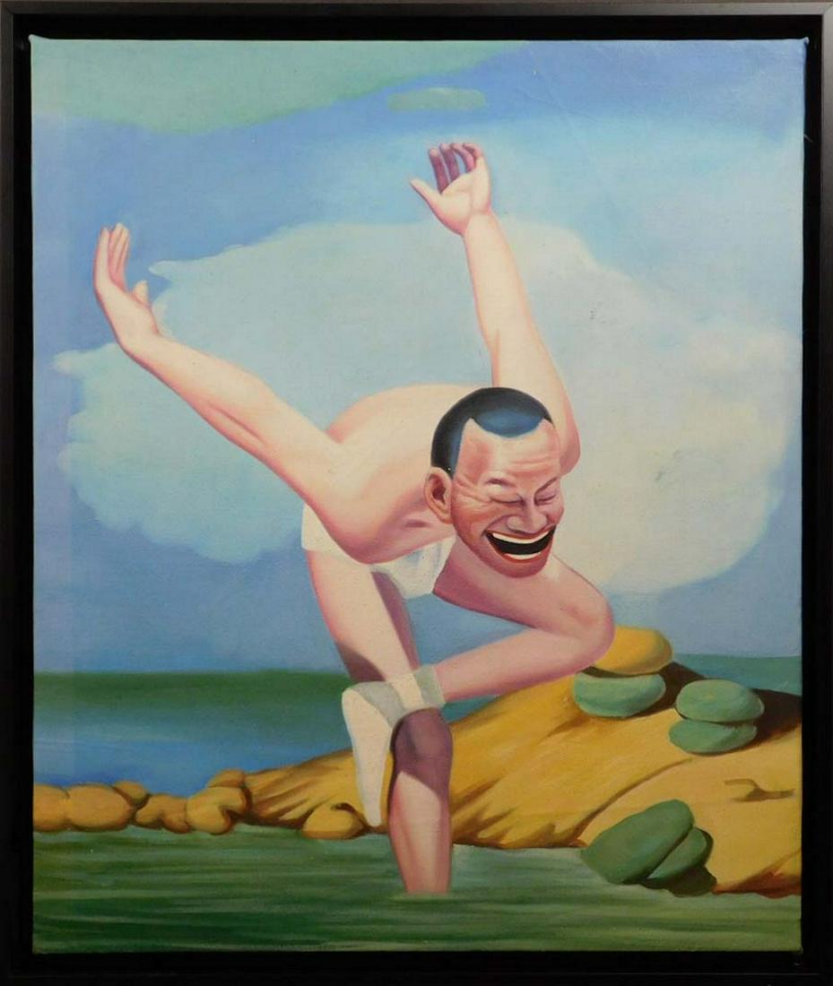 After Yue Minjun: Smiling Man Doing Yoga: After Yue Minjun (Chinese, 1962): Smiling Man Doing Yoga. Oil on canvas, unsigned, framed. 26 x 22 inches framed. Private collection. Fair condition, some creases in the canvas, minor paint loss in sm