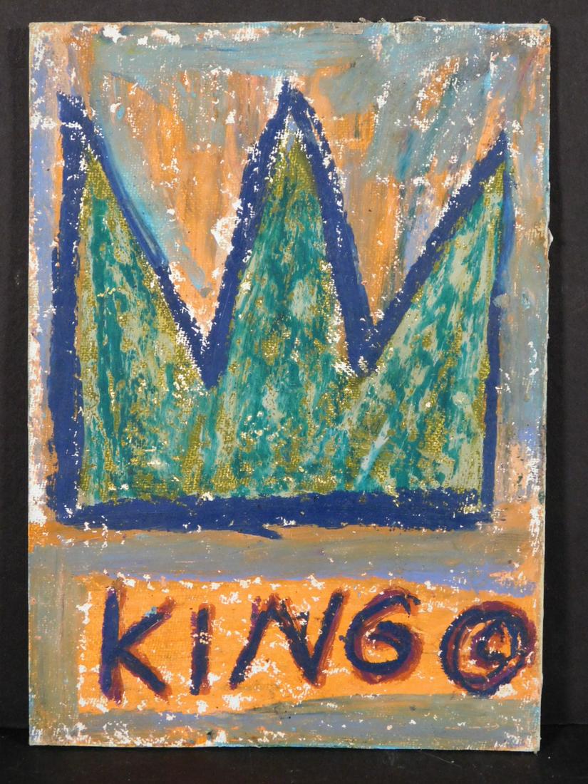 Manner of Jean-Michel Basquiat : King Postcard: Manner of Jean-Michel Basquiat (American, 1960-1988)Attributed: King Postcard. Oil stick on heavy grade paper board. Marked verso with "ME" and artist's signature crown. Basquiat first achieved fame a
