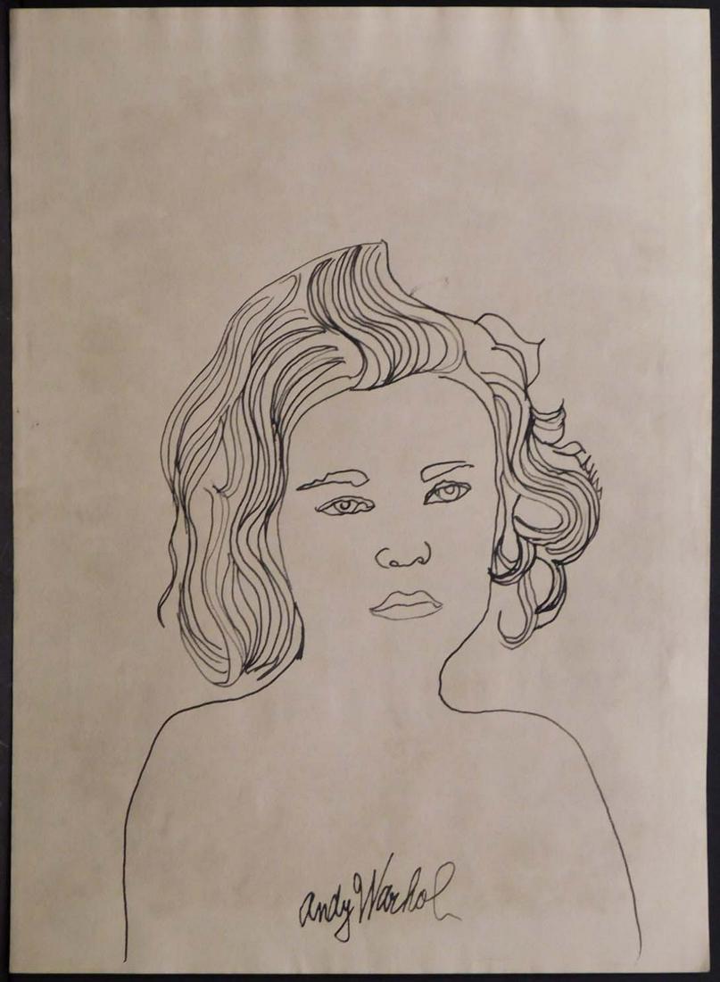 Andy Warhol Attr: Portrait of a Woman: Andy Warhol (American, 1928-1987) Attributed: Portrait of a Woman, Black ink on paper, signature in the lower margin and verso, reference number from the previous owner on reverse, collector's stamp o