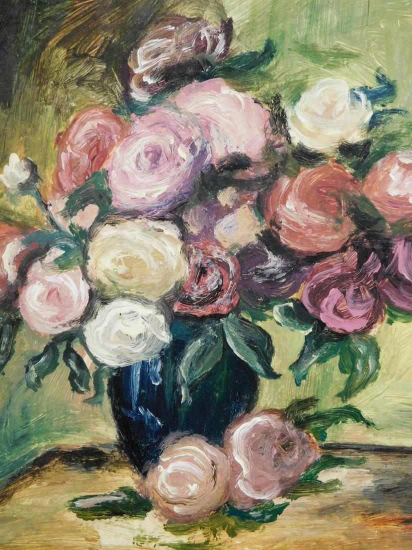 Manner of Renoir: Floral Still Life: Pierre-Auguste Renoir (1841-1919)(Attributed/manner of): Floral Still Life, oil on canvas, signed and verso marked with stamp of Galerie Arthur Boudin, France and reference numbers. 12x10 in. image Pr