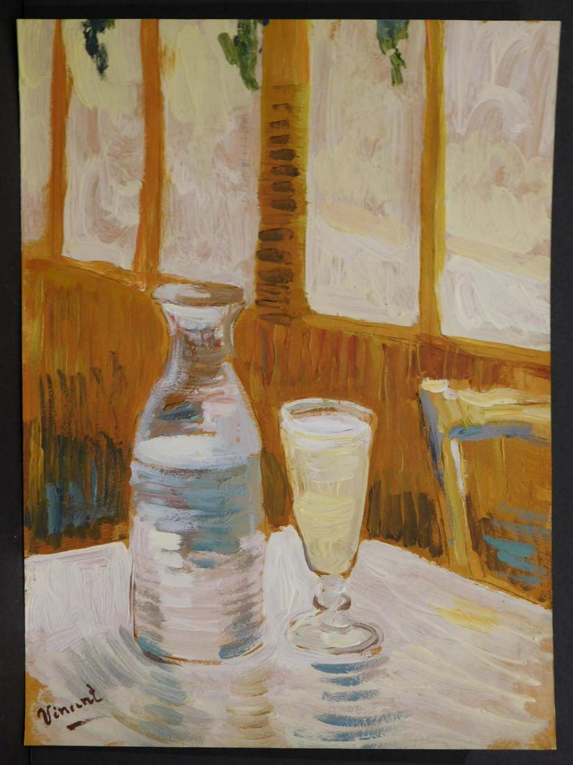 Vincent van Gogh, Manner of: Still Life with Absinth: Vincent van Gogh (Dutch, 1853-1890) Manner of: Still Life with Absinth Study, tempera and gouache on paper, signed undated, unframed. Verso stamped Collection Simon, Paris with reference number. 27.6 
