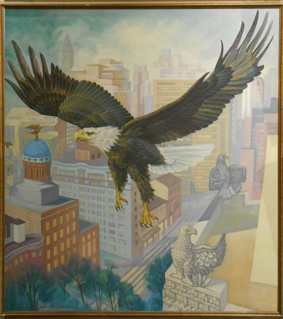 Leon Hovsepian: Canyon: Leon Hovsepian (1915-2010): Canyon, alkyd on canvas, signed, titled, and dated (1977) on back, framed. Commissioned by Freedom Federal Savings Worecest, MA. Leon graduated from the Art School of the W