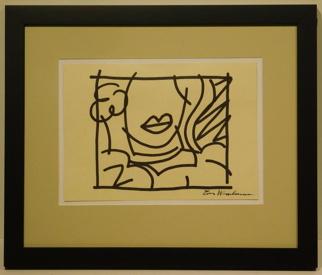Tom Wesselmann Attr. Woman: Tom Wesselmann (American, 1931 - 2004) Attributed: Woman, ink drawing on textured cream color paper, signed, possible study for woman with green blouse, framed. Tom Wesselmann became one of the leadin
