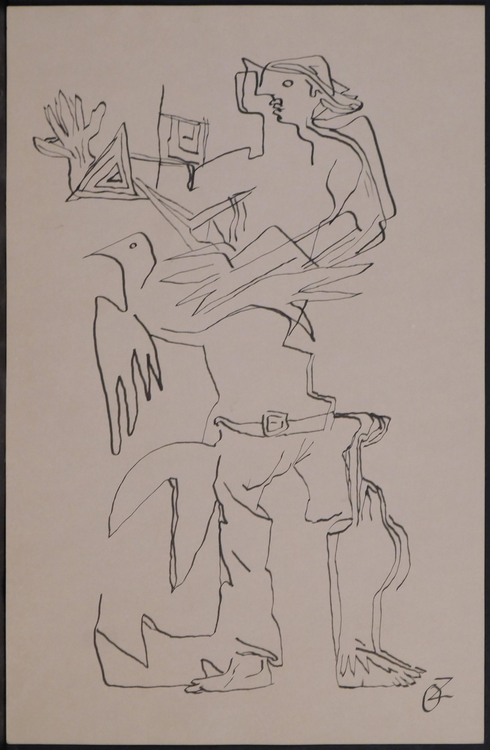 Ossip Zadkine, Manner of/ Attributed: Man with a Bird: Ossip Zadkine (Russian 1888-1967) Manner of: Man with a Bird. Ink on paper. Initialed lower right. Stamped with possible inventory numbers verso. Unframed. Zadkine was a Russian cubist sculptor and pa