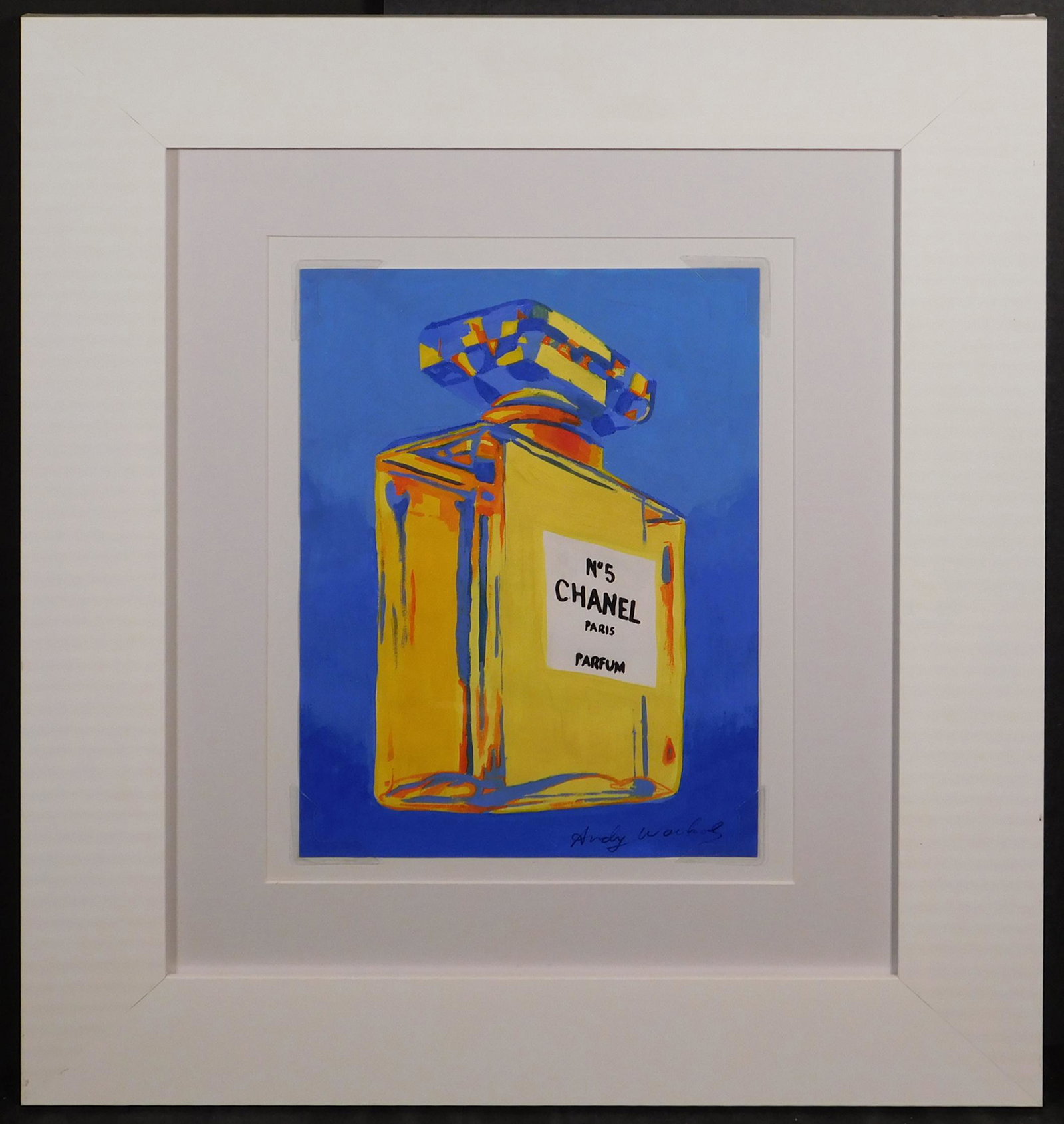 Andy Warhol, Attributed: Chanel No. 5: Andy Warhol (American, 1928-1987) Attributed: Chanel No. 5. Mixed media on paper, signed lower right and reverse. Verso also bears a decorative stamp from the Wakefield Gallery and inventory notations
