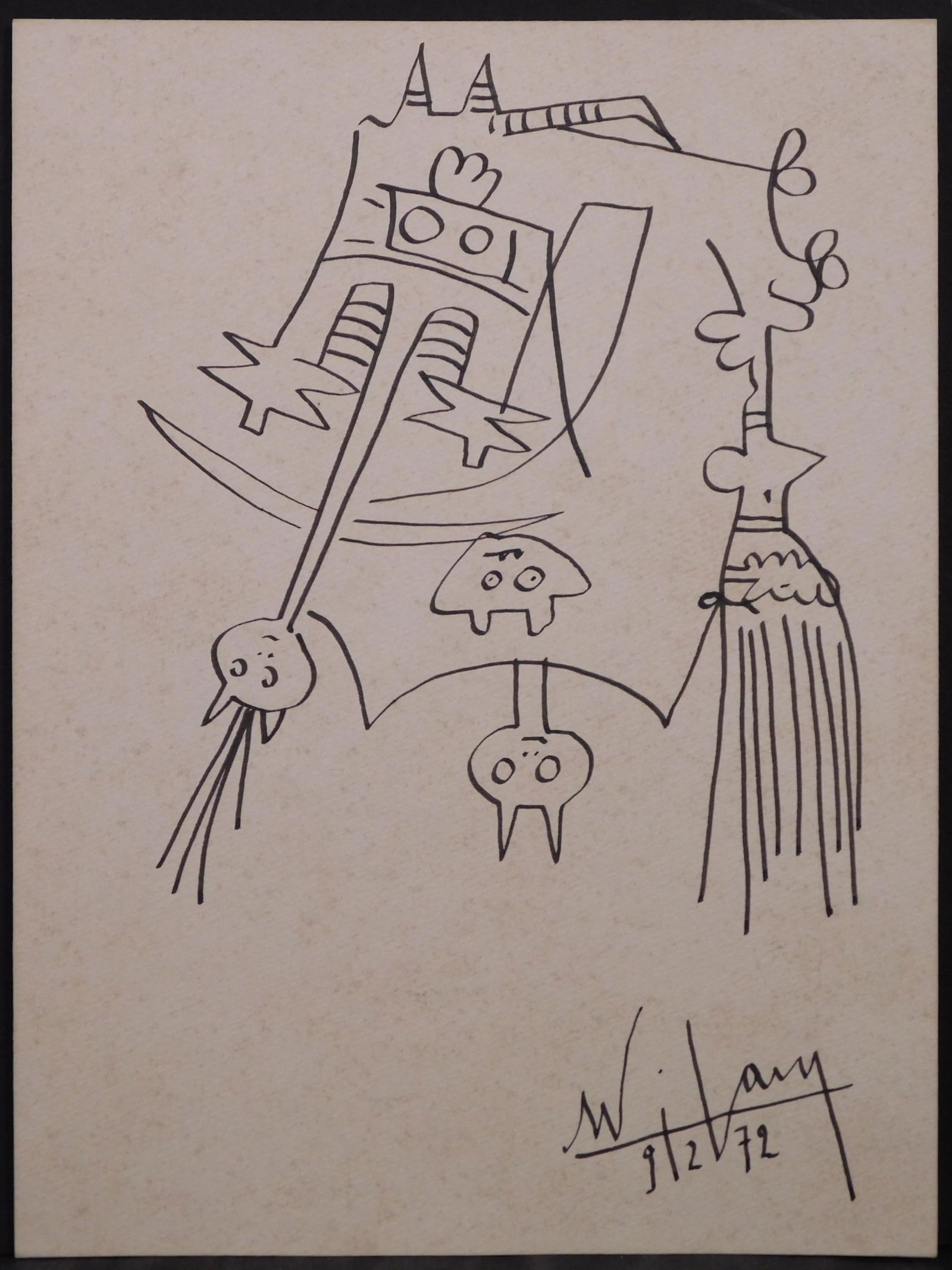Wifredo Lam, attributed/manner of: Surreal Figures: Wifredo Lam (Cuban, 1902-1982) attributed/manner of: Surreal Figures. Ink on paper, signed and dated (9/2/72) lower right, unframed. The internationally renowned Cuban painter Wifredo Lam was a precur