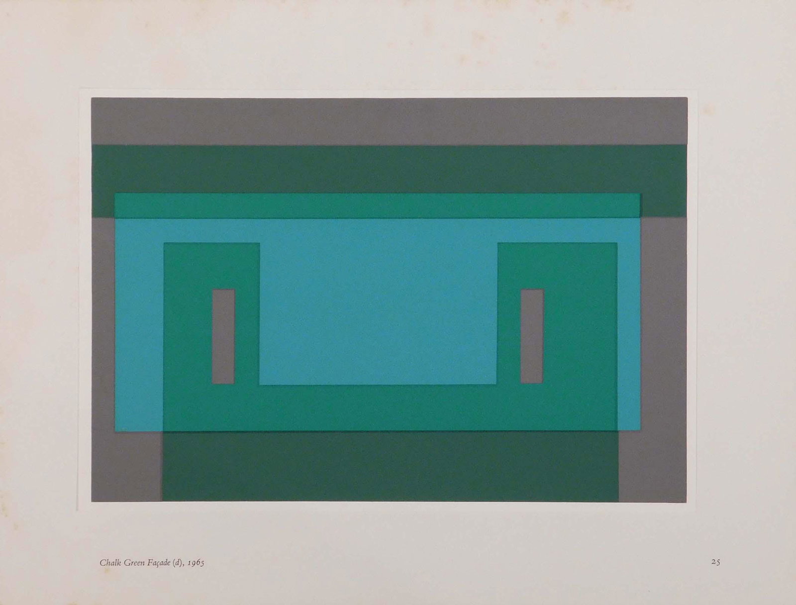 Joseph Albers: Chalk Green Facade: Josef Albers (1886-1976, American (b. Germany): Chalk Green Facade (d), 1965. Screen print on paper, unsigned, unframed. Page taken from Joseph Albers: The American Years Catalogue. Josef Albers was a