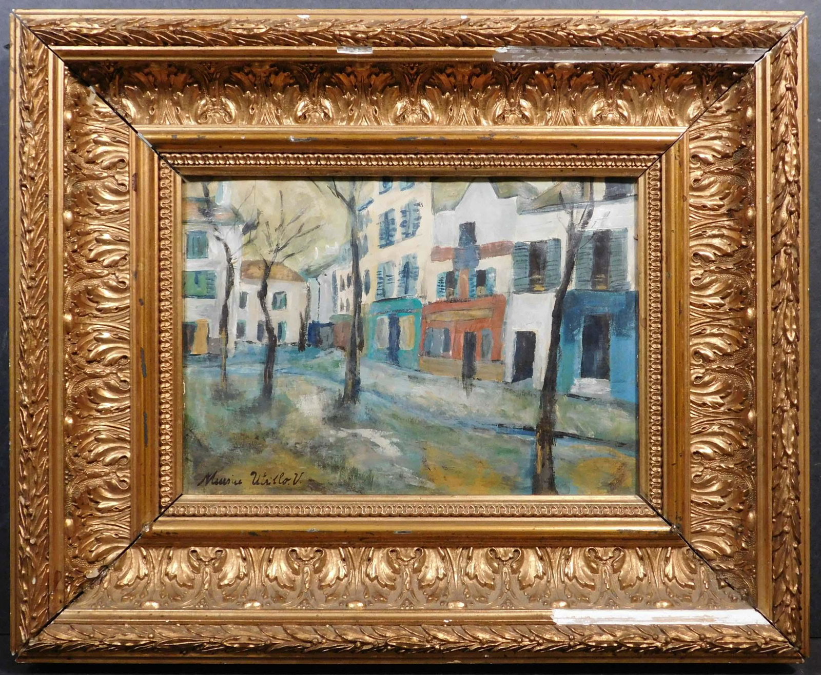 Manner of Maurice Utrillo: Place Du Tertre: Maurice Utrillo (French, 1883-1955) Manner of: Montmartre, Place du Tertre. Ink, tempera, and gouache on paper. Signed lower left. A pencil inscription on the backing board reads "Montmartre Paris 20,