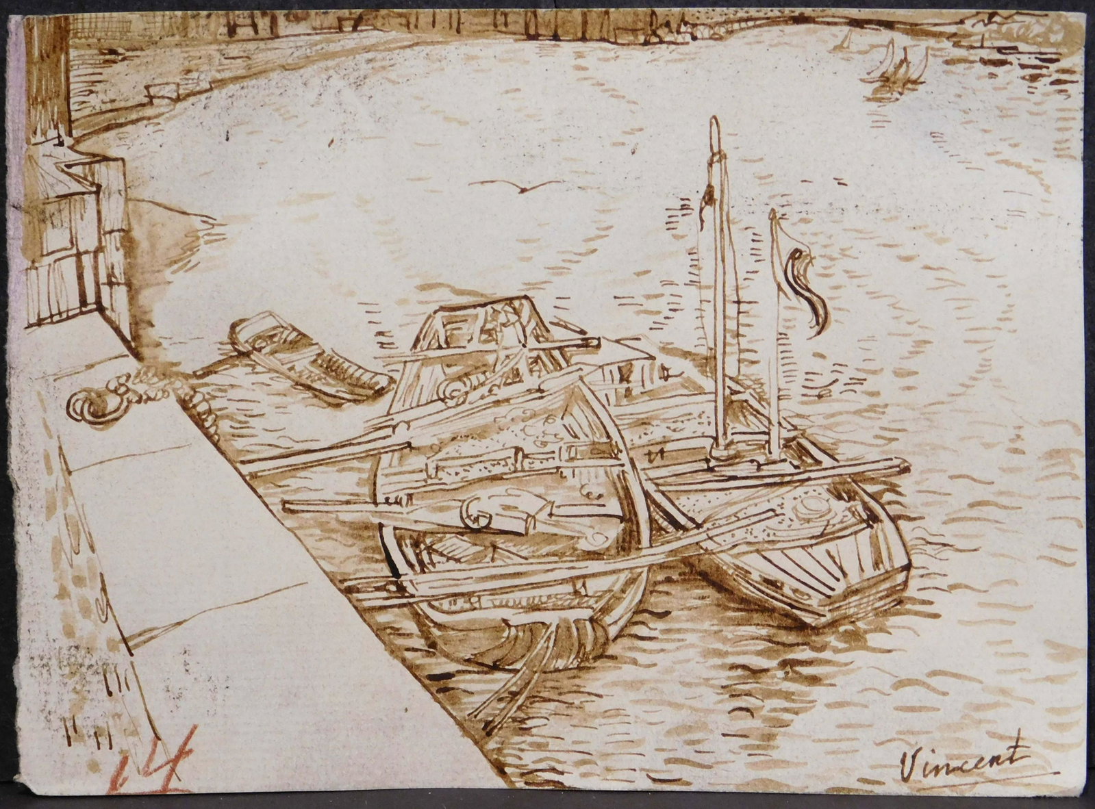 Vincent van Gogh Manner of: Sand Barges on the Siene: Vincent van Gogh (Dutch, 1853-1890) Manner of: Sand Barges on the Siene, brown ink drawing on laid paper, signed, torn on left edge- possibly a sketch book page, unframed. van Gogh is written in crayo