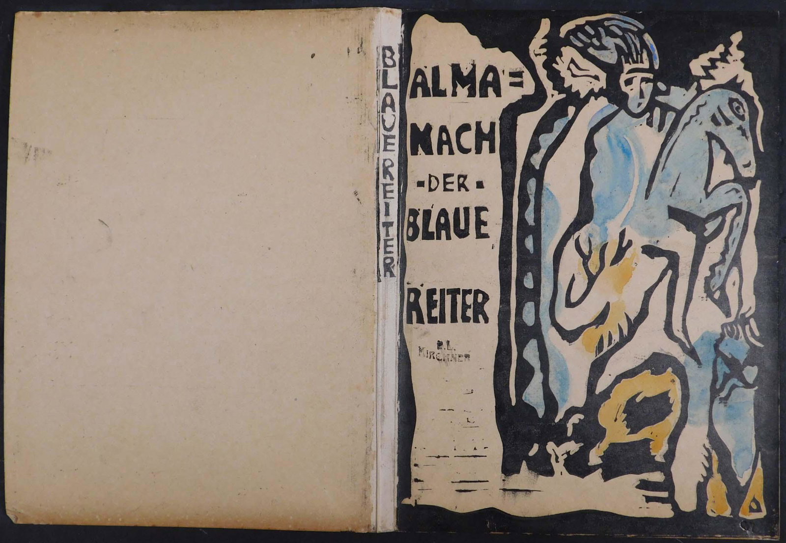 After Wassily Kandinsky: Cover of Der Blaue Reiter: After Wassily Kandinsky: Cover of Der Blaue Reiter Almanach, ca 1911. Wood cut and watercolor on cardstock. Stamped E.L. Kirchner front and back. Signed in pencil verso. Indiscernible stamp verso. 8.5