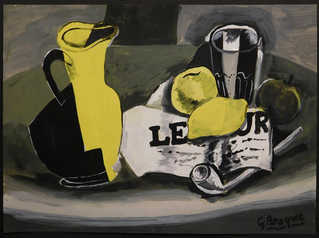 Georges Braque, Manner of: Study for Pichet et Journal: Georges Braque (French, 1882-1963) Manner of: Study for Pichet et Journal. Tempera, ink, and gouache on paper, signed, undated, unframed. Georges Braque was most well known for being the founder of Cu