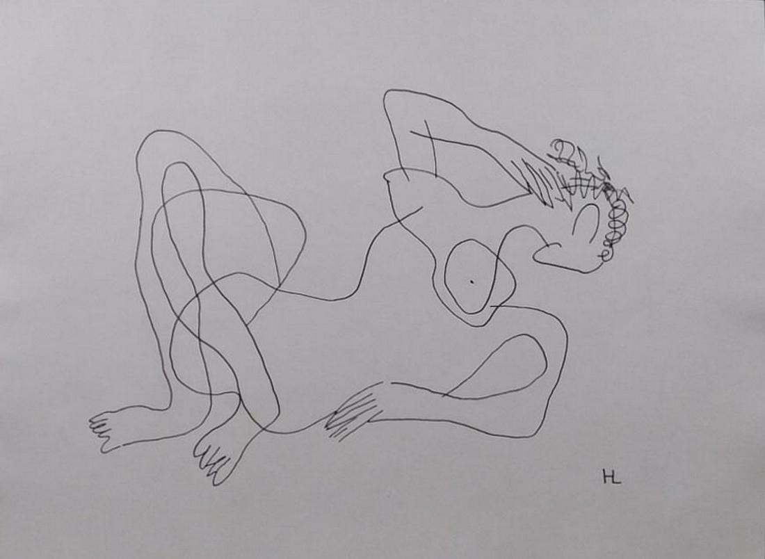 After Henri Laurens : Reclining Nude Woman: Henri Laurens (French, 1885-1954) After: Reclining Nude Woman, pen and ink on paper, signed HL lower right, unframed. 10 x 14 in unframed. Private collection England, Estate of Silvio Aguayo Espejo Vi