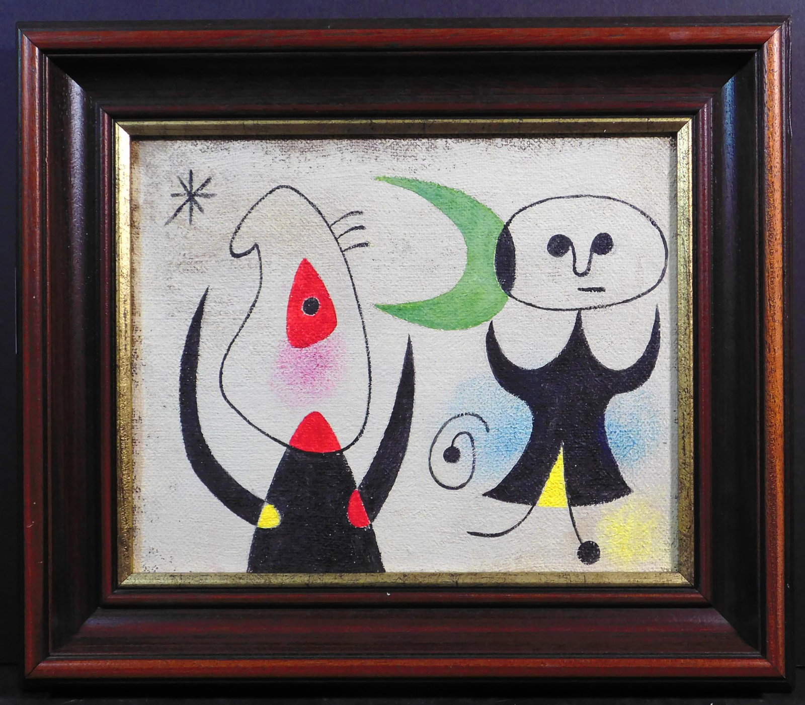 Joan Miro, Manner of: Personnages: Joan Miro (Spanish, 1893-1983) Manner of: Personnages. Oil on sack cloth. Marked verso with the artist's name, 23-2-939. Framed. Joan Miro was a painter, sculptor, and ceramicist born in Barcelona. A 