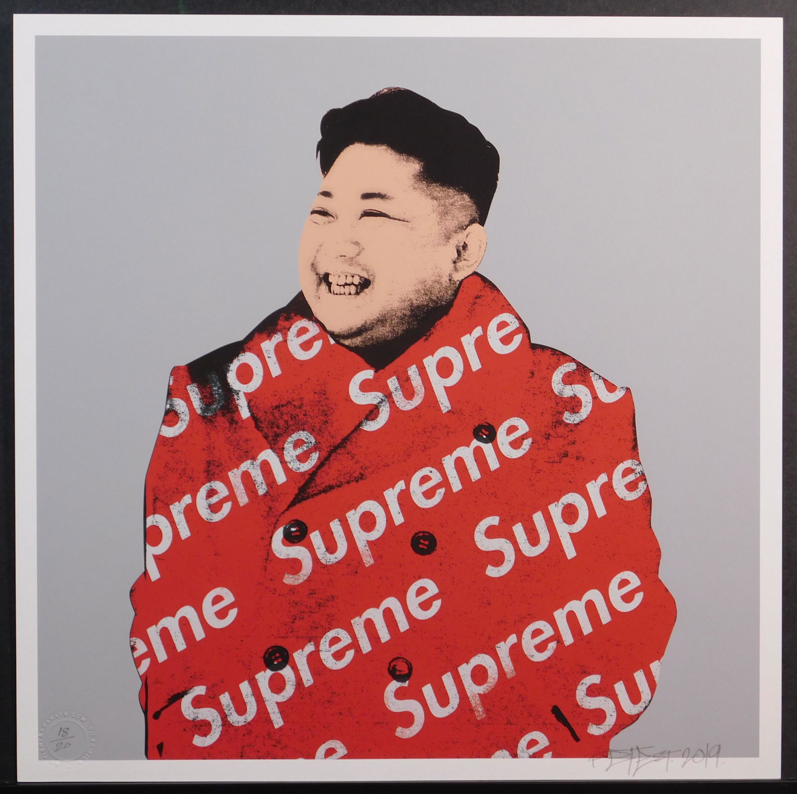Pete Street: Supreme Leader (Grey): Pete Street (United Kingdom, 20th Century): Supreme Leader (Grey), 2019. Screen print on paper mounted to canvas , signed and numbered (18/20) in pencil below. From British Tearaways LTD Edition. Pete