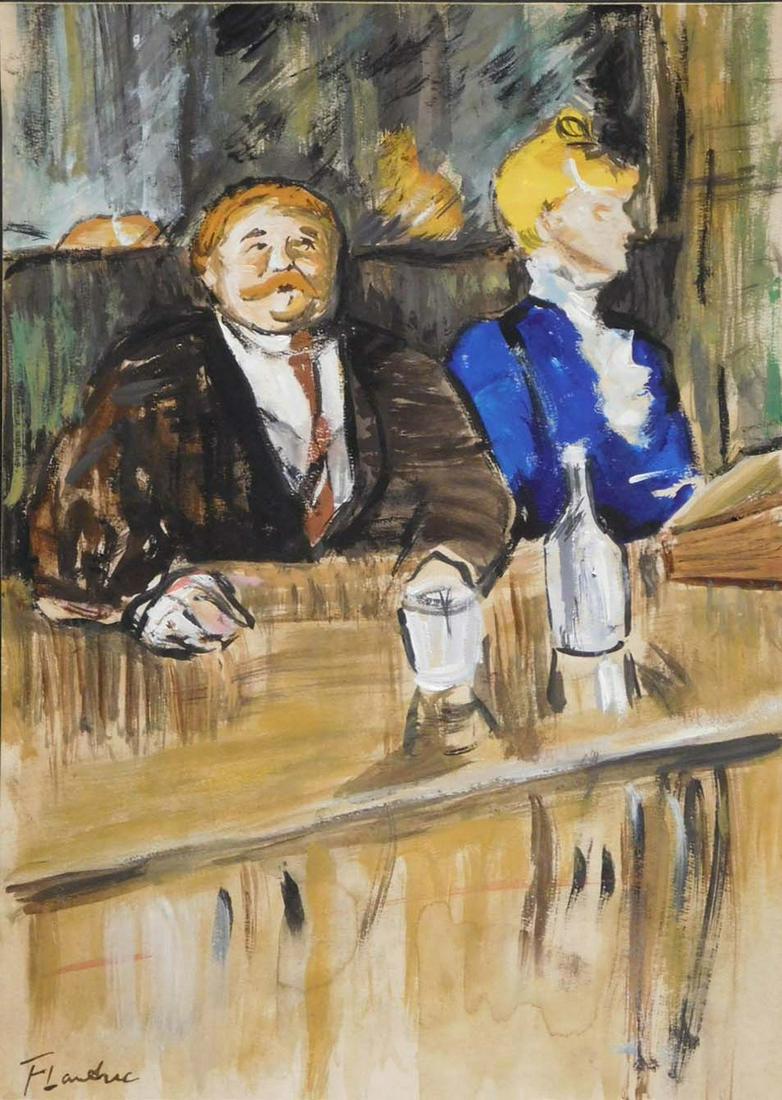 Henri de Toulouse-Lautrec Attr.: Bar Scene: Henri de Toulouse-Lautrec (French, 1864 - 1901) Attributed: Bar Scene, tempera and gouache on paper, signed and monogramed front and back, there is an inventory number and gallery stamp verso. Henri d
