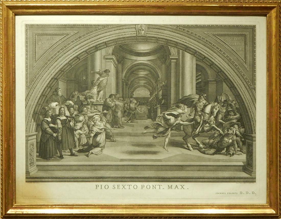 Joannes Volpato after Raphael: The Expulsion of: Raphael (Italian, 1483-1520): from Raphael Santivs pinx in Aedibus Vaticanis, dedicated to Pio Sxto Pont Max ,engraving, c.1775, framed. Dimensions: 24.5 x 31.5" paper; 28.25 x 35.5" frame. Raphael wa