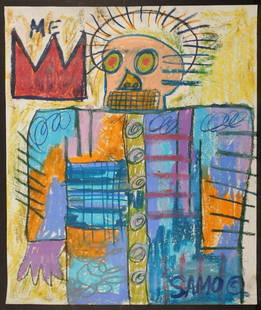 Manner of Jean Michel Basquiat: ME/ SAMO: Jean-Michel Basquiat (American, 1960-1988) Manner of: ME/ SAMO, oil stick on paper, signed and dated (1982) verso, unframed. Basquiat first achieved fame as part of SAMO, an informal graffiti duo